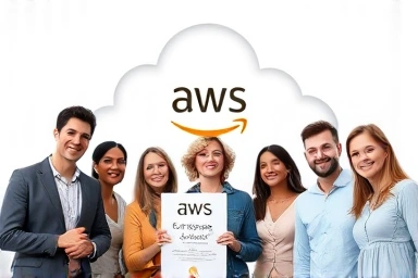 Professionals advancing careers with AWS certifications in a cloud network.