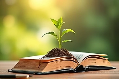 Seedling growing from a book, symbolizing knowledge