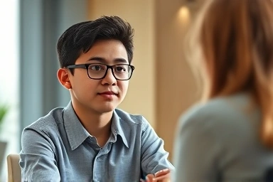 Student confidently facing interview, focused and hopeful.