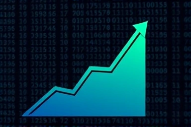 Symbolic graph of growth and success with abstract binary code.