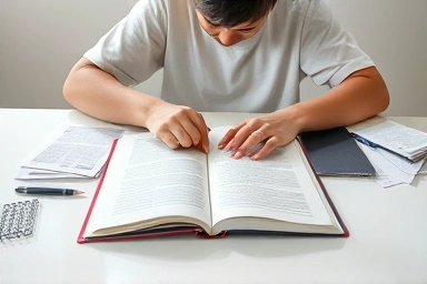 Student organizing scattered study materials into a single notebook.
