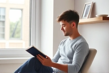 Person reading book, calm atmosphere, digital detox.
