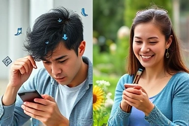 Smartphone addiction vs real-life engagement, stress relief.