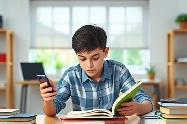Student struggling with distraction from smartphone while studying