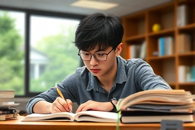 Student diligently studying Japanese for EJU exam.