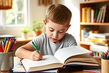 Child writing English diary, creative learning, happy expression.