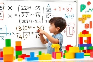 Child solving math problem with building blocks, symbolizing learning.