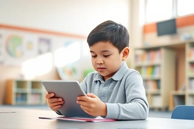 Child learning independently on a tablet in a bright classroom.
