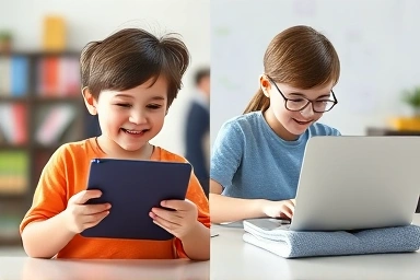 Students learning with tablet and laptop, educational split screen