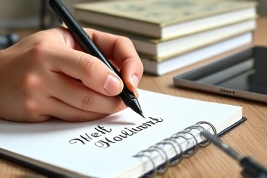 Elegant cursive writing with a fountain pen on notepad.