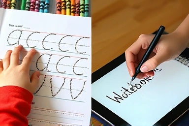 Child learning cursive vs. adult digital cursive practice.