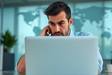 Stressed professional reviewing English email on laptop.