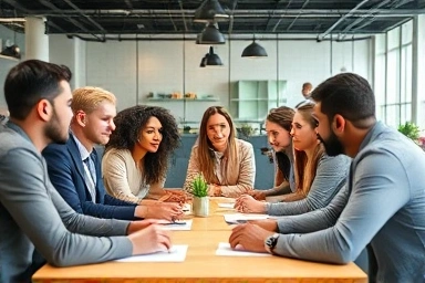 Diverse professionals in a focused English interview study session.