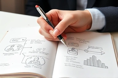 Hand preparing for an English interview with strategic notes.