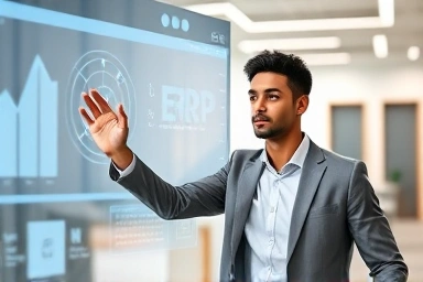 Office worker achieving career goals with ERP system.