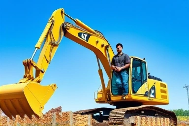 Operator confidently controlling excavator on construction site.