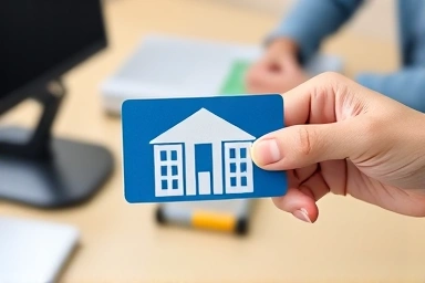 Hand holding subsidy card near blurred vocational training equipment.
