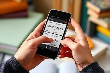 Hands using a smartphone flashcard app for learning