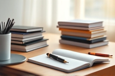 Organized study desk with natural light, promoting focus.