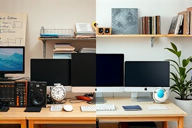 Cluttered vs. organized workspace, illustrating focus impact.