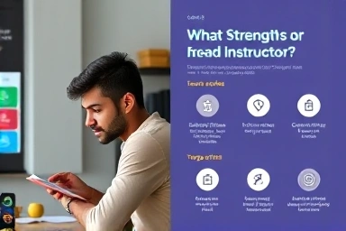 Student note-taking and infographic of instructor strengths for TOEIC LC.