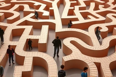 Student navigating academic labyrinth towards future