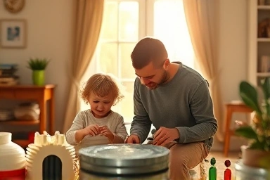 Parent and child enjoying creative homeschooling with recycled materials.