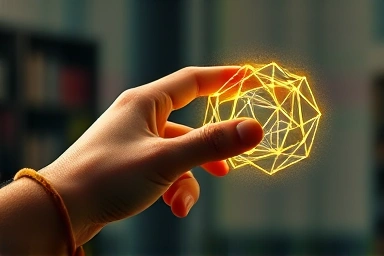 Hand grasping a glowing geometric shape representing mathematical core understanding.