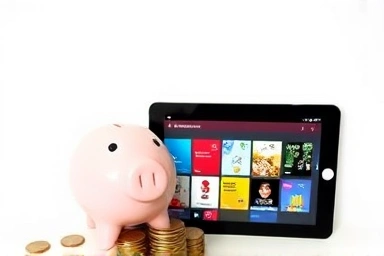 Piggy bank and educational tablet symbolizing smart investment.