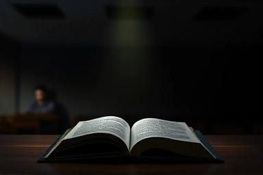 Secretive classroom with spotlight on textbook