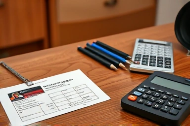 Exam preparation desk with ID, ticket, pens, calculator