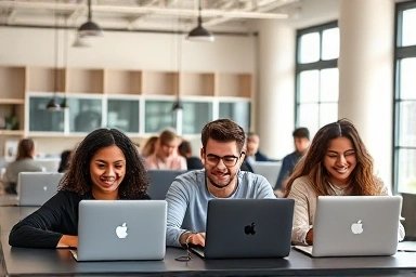 Diverse group learning to code in a modern, bright co-working space.