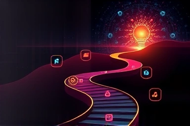 Metaphorical path to digital innovation, illuminated by coding and data icons.