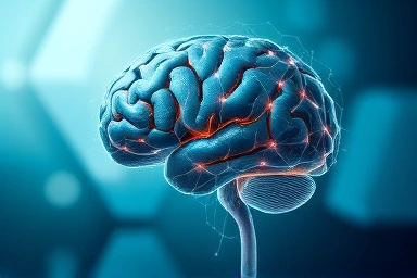 Glowing brain with enhanced neural pathways, symbolizing cognitive function.