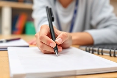 Student's hand writing in a premium study space
