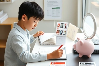 Student studying Japanese, saving money, focused learning