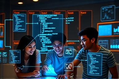 Diverse group of young adults learning to code with holographic interfaces