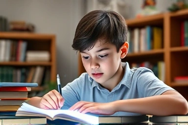 Student learning with AI tutor in futuristic classroom.