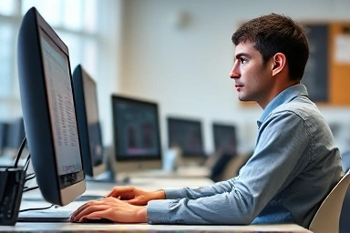 Student learning accounting software in classroom