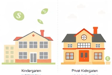 Public vs. private kindergarten comparison with financial aid symbols.