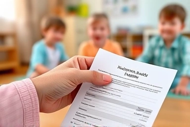 Parent managing kindergarten expenses and subsidies, symbolizing transparency.