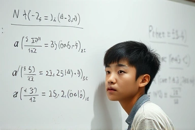 Student solving complex math problem, focused on whiteboard.