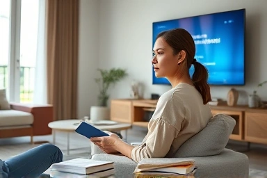 Woman learning English with TV shows and notebooks.