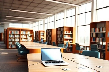 Modern library study space with accessible power outlets and natural light.
