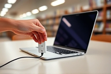 Conveniently located laptop power outlet in a library study area.