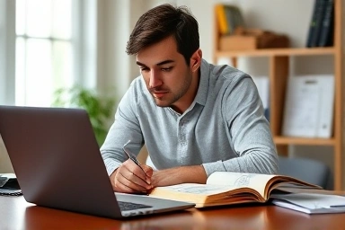 Person studying logistics management with books and laptop.
