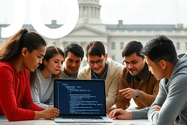 Diverse individuals learning IT development with government support.