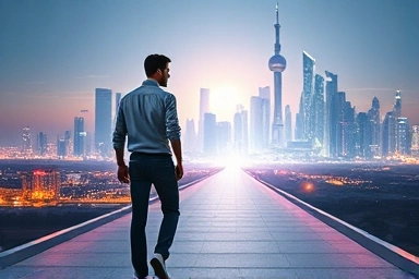 Individual's successful IT career transition, illuminated by digital path.