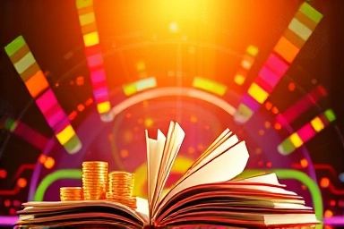Digital knowledge streams transforming into savings and books.