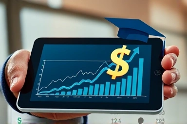 Hand holding tablet showing financial growth and education.